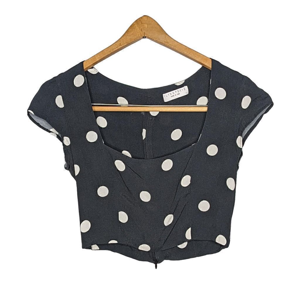 Flynn Skye Crop Top Cap Sleeve Polka Dot Square Neck Black Size Medium